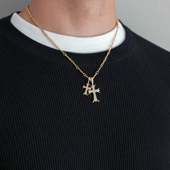 gold double cross dimond stone pendant necklace - Picture 4 of 11